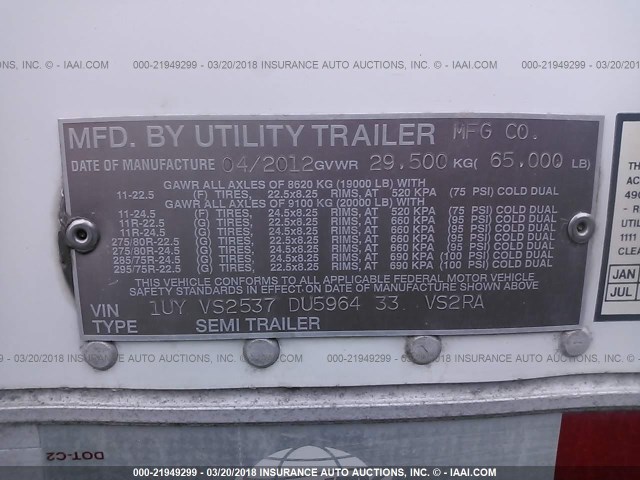 1UYVS2537DU596433 - 2013 UTILITY TRAILER MFG REEFER  WHITE photo 9