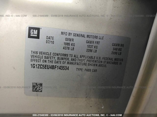 1G1ZC5EU4BF143534 - 2011 CHEVROLET MALIBU 1LT 金色 照片 9