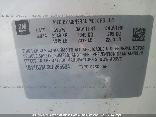 1G11C5SL5EF265994 - 2014 CHEVROLET MALIBU 1LT WHITE photo 9