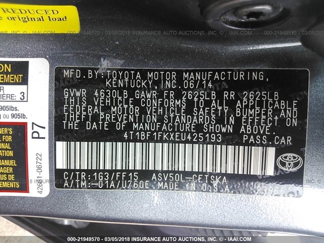 4T1BF1FKXEU425193 - 2014 TOYOTA CAMRY L/SE/LE/XLE ნაცრისფერი ფოტო 9