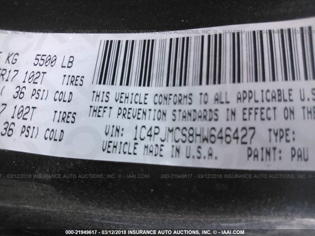 1C4PJMCS8HW646427 - 2017 JEEP CHEROKEE LATITUDE Szary zdjęcie 9