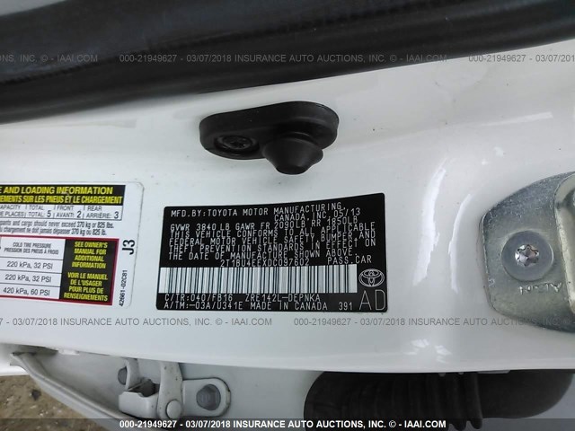 2T1BU4EEXDC097602 - 2013 TOYOTA COROLLA S/LE WHITE photo 9