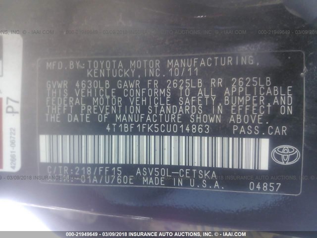 4T1BF1FK5CU014863 - 2012 TOYOTA CAMRY SE/LE/XLE შავი ფოტო 9