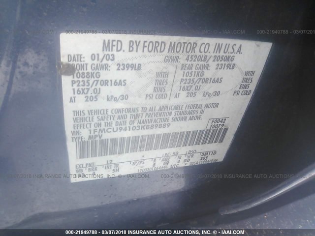 1FMCU94103KB89889 - 2003 FORD ESCAPE LIMITED BLUE photo 9