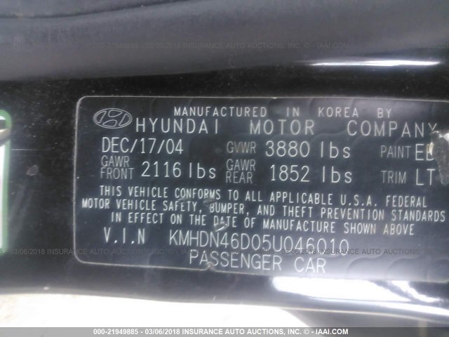 KMHDN46D05U046010 - 2005 HYUNDAI ELANTRA GLS/GT BLACK photo 9