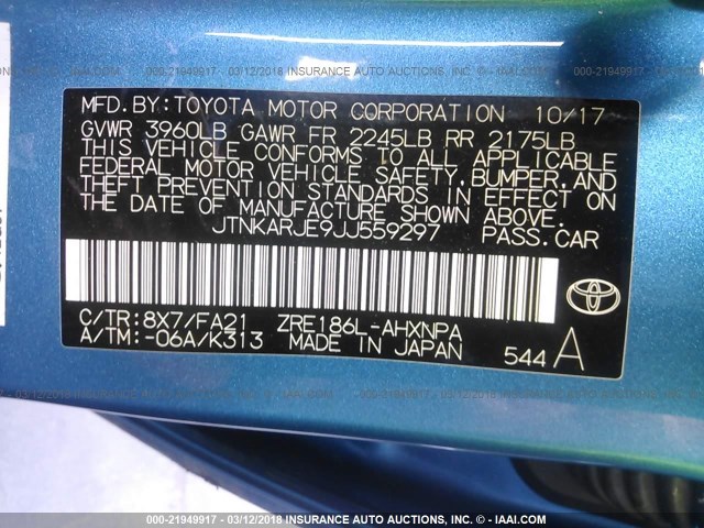 JTNKARJE9JJ559297 - 2018 TOYOTA COROLLA IM BLUE photo 9