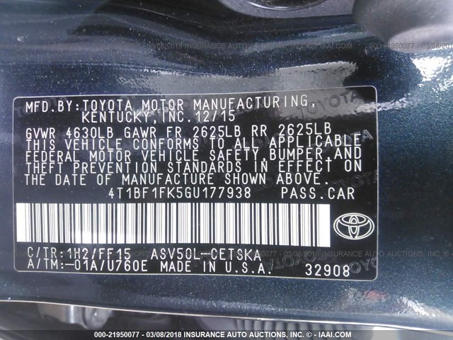 4T1BF1FK5GU177938 - 2016 TOYOTA CAMRY LE/XLE/SE/XSE GRAY photo 9