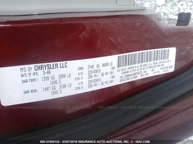 2A8HR44H48R748776 - 2008 CHRYSLER TOWN & COUNTRY LX RED photo 9