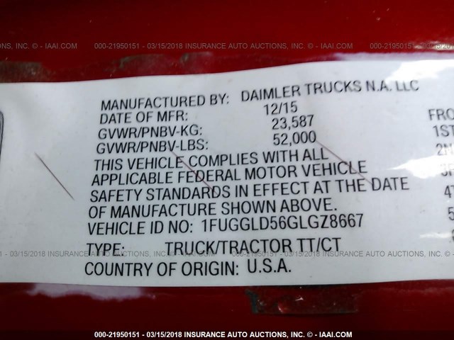 1FUGGLD56GLGZ8667 - 2016 FREIGHTLINER CASCADIA 125  RED photo 10