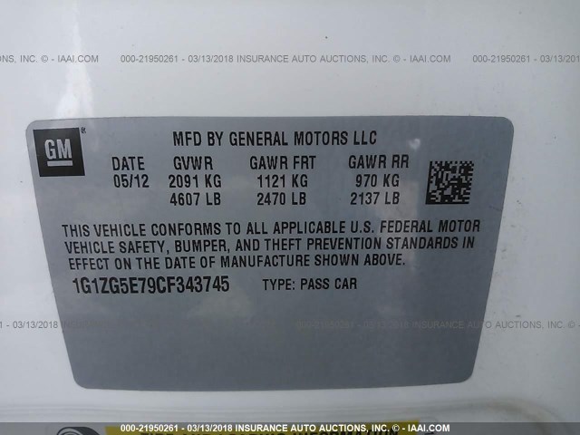 1G1ZG5E79CF343745 - 2012 CHEVROLET MALIBU LTZ Ақ фото 9