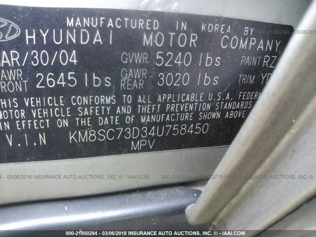 KM8SC73D34U758450 - 2004 HYUNDAI SANTA FE GLS/LX SILVER photo 9