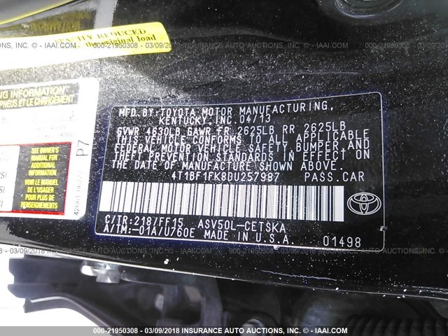 4T1BF1FK8DU257987 - 2013 TOYOTA CAMRY L/SE/LE/XLE 黑色 照片 9