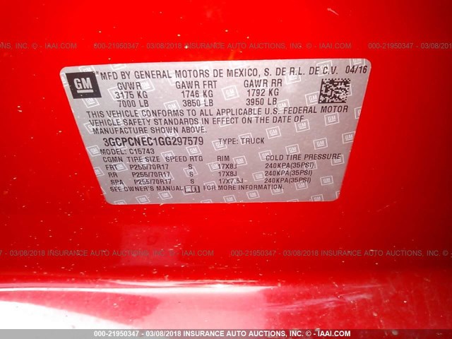 3GCPCNEC1GG297579 - 2016 CHEVROLET SILVERADO C1500/C1500  LS RED photo 9