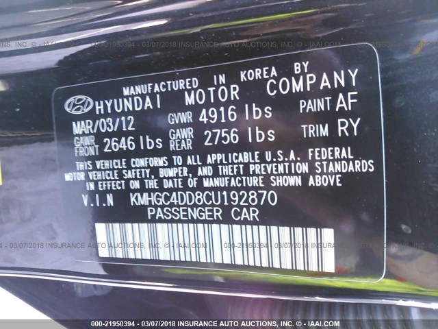 KMHGC4DD8CU192870 - 2012 HYUNDAI GENESIS 3.8L BLACK photo 9