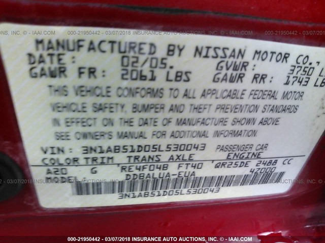 3N1AB51D05L530043 - 2005 NISSAN SENTRA SE-R SPEC V RED photo 9