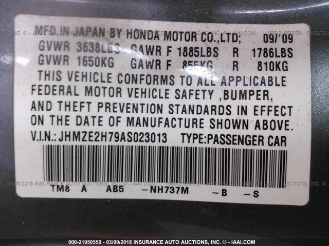 JHMZE2H79AS023013 - 2010 HONDA INSIGHT EX GRAY photo 9