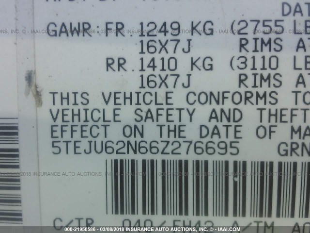 5TEJU62N66Z276695 - 2006 TOYOTA TACOMA DOUBLE CAB PRERUNNER WHITE photo 9