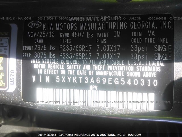 5XYKT3A69EG540310 - 2014 KIA SORENTO LX BROWN photo 9