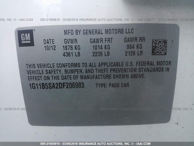 1G11B5SA2DF206983 - 2013 CHEVROLET MALIBU LS 白色 照片 9