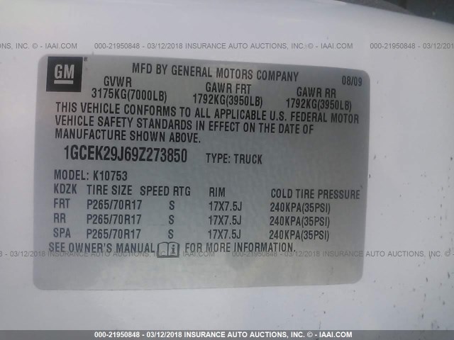 1GCEK29J69Z273850 - 2009 CHEVROLET SILVERADO K1500 LT 白色 照片 9