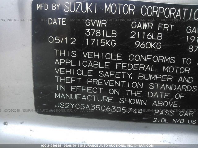 JS2YC5A35C6305744 - 2012 SUZUKI SX4 LE SILVER photo 9