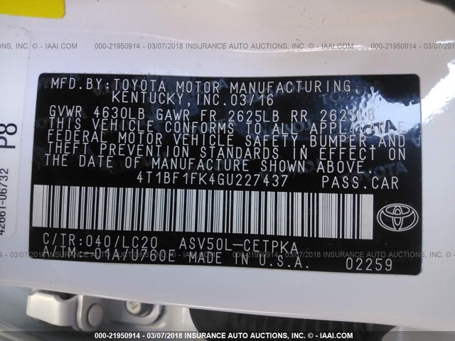 4T1BF1FK4GU227437 - 2016 TOYOTA CAMRY LE/XLE/SE/XSE WHITE photo 9