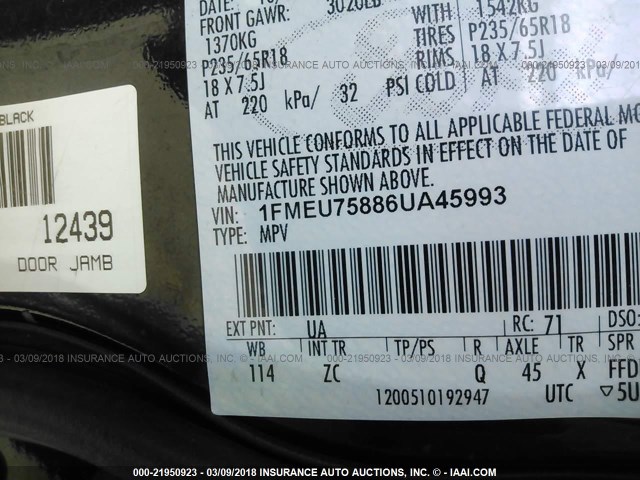 1FMEU75886UA45993 - 2006 FORD EXPLORER LIMITED 黑色 照片 9