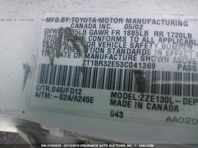 2T1BR32E53C041369 - 2003 TOYOTA COROLLA CE/LE/S WHITE photo 9