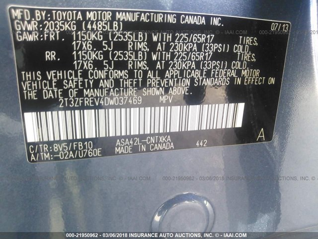 2T3ZFREV4DW037469 - 2013 TOYOTA RAV4 LE BLUE photo 9