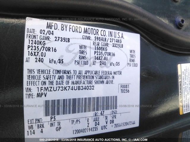 1FMZU73K74UB34032 - 2004 FORD EXPLORER XLT/XLT SPORT/NBX 绿色 照片 9