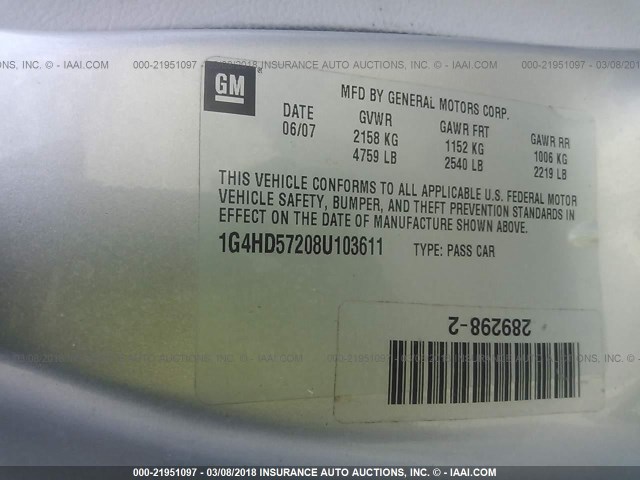 1G4HD57208U103611 - 2008 BUICK LUCERNE CXL SILVER photo 9