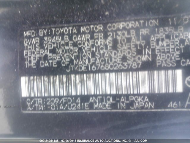 JTKDE167680263787 - 2008 TOYOTA SCION TC 黑色 照片 9