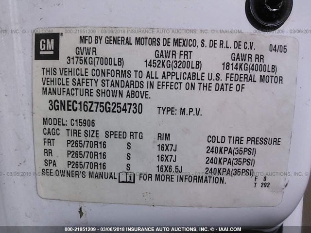 3GNEC16Z75G254730 - 2005 CHEVROLET SUBURBAN C1500 WHITE photo 9