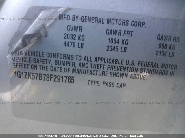 1G1ZK57B78F291765 - 2008 CHEVROLET MALIBU LTZ ვერცხლისფერი ფოტო 9