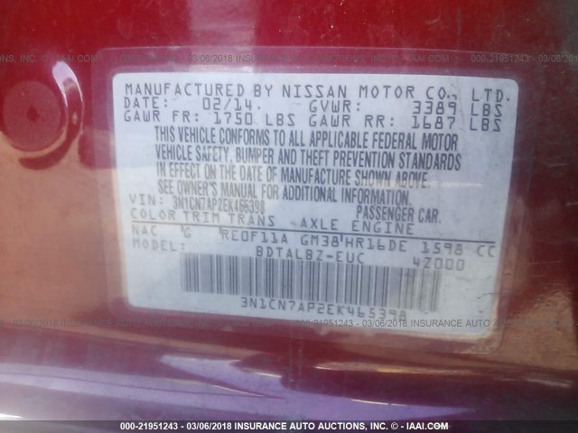 3N1CN7AP2EK465398 - 2014 NISSAN VERSA S/S PLUS/SV/SL RED photo 9