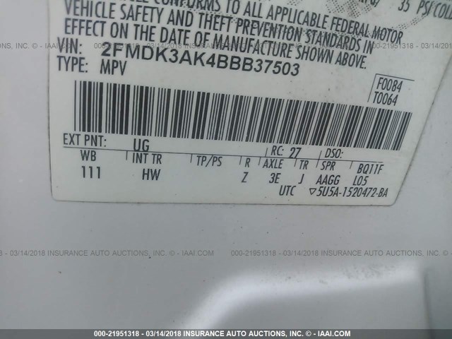 2FMDK3AK4BBB37503 - 2011 FORD EDGE SPORT WHITE photo 9