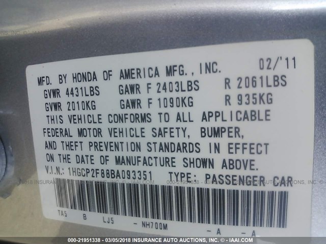 1HGCP2F88BA093351 - 2011 HONDA ACCORD EXL SILVER photo 9