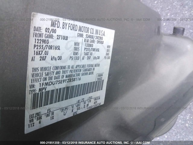 1FMDU75E9YZB58116 - 2000 FORD EXPLORER LIMITED Boz foto 9