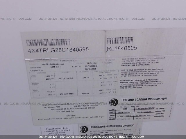 4X4TRLG28C1840595 - 2012 FOREST RIVER ROCKWOOD  白色 照片 9
