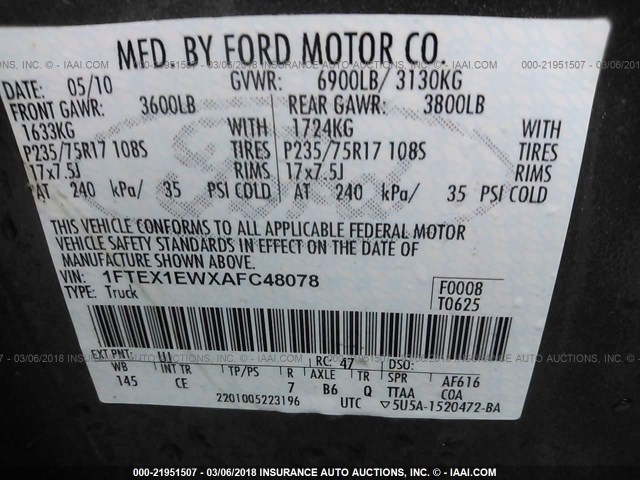 1FTEX1EWXAFC48078 - 2010 FORD F150 SUPER CAB GRAY photo 9