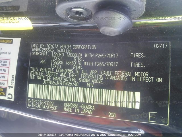 JTEBU5JR7H5426740 - 2017 TOYOTA 4RUNNER SR5 PREM/LTDL/TRAIL/TRD BLACK photo 9