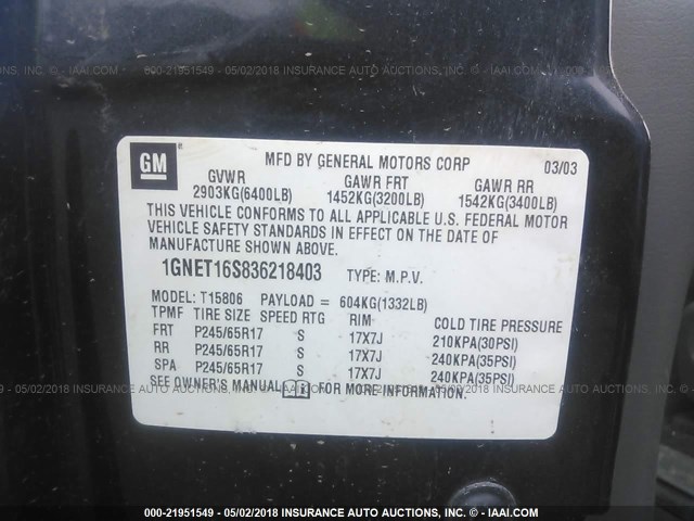 1GNET16S836218403 - 2003 CHEVROLET TRAILBLAZER EXT BLACK photo 9