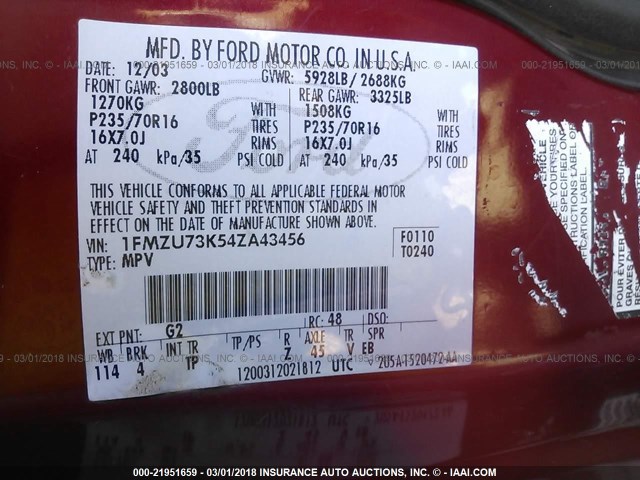 1FMZU73K54ZA43456 - 2004 FORD EXPLORER XLT/XLT SPORT/NBX RED photo 9