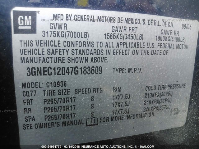 3GNEC12047G183609 - 2007 CHEVROLET AVALANCHE C1500 BLUE photo 9