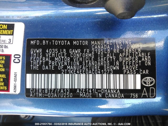 2T1KE4EE0AC041273 - 2010 TOYOTA COROLLA MATRIX S BLUE photo 9