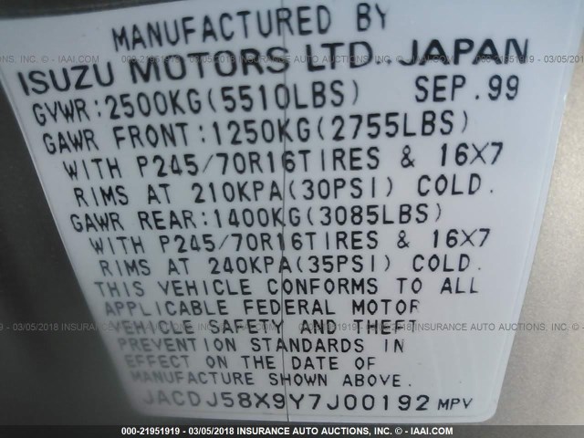 JACDJ58X9Y7J00192 - 2000 ISUZU TROOPER S/LS/LIMITED 银色 照片 9