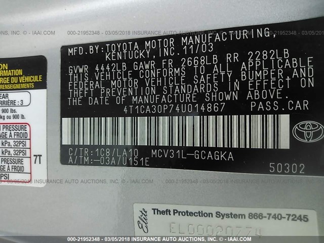 4T1CA30P74U014867 - 2004 TOYOTA CAMRY SOLARA SE/SLE 银色 照片 9