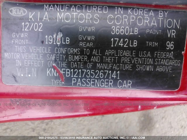 KNAFB121735267141 - 2003 KIA SPECTRA LS RED photo 9