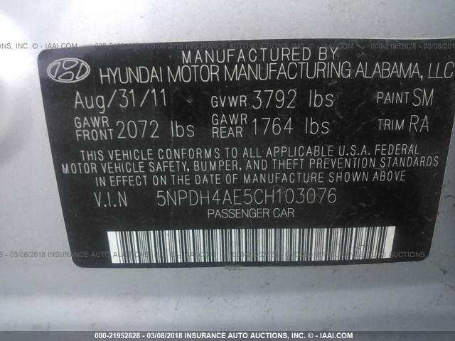 5NPDH4AE5CH103076 - 2012 HYUNDAI ELANTRA GLS/LIMITED SILVER photo 9