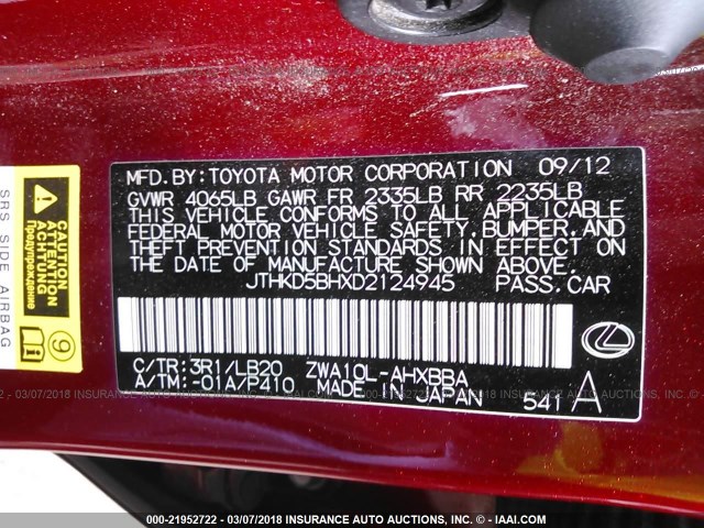 JTHKD5BHXD2124945 - 2013 LEXUS CT 200 MAROON photo 9